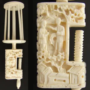 19th c. Hand Carved Figural Antique Cantonese Figural 5" Sewing Clamp w Large Thread Spool