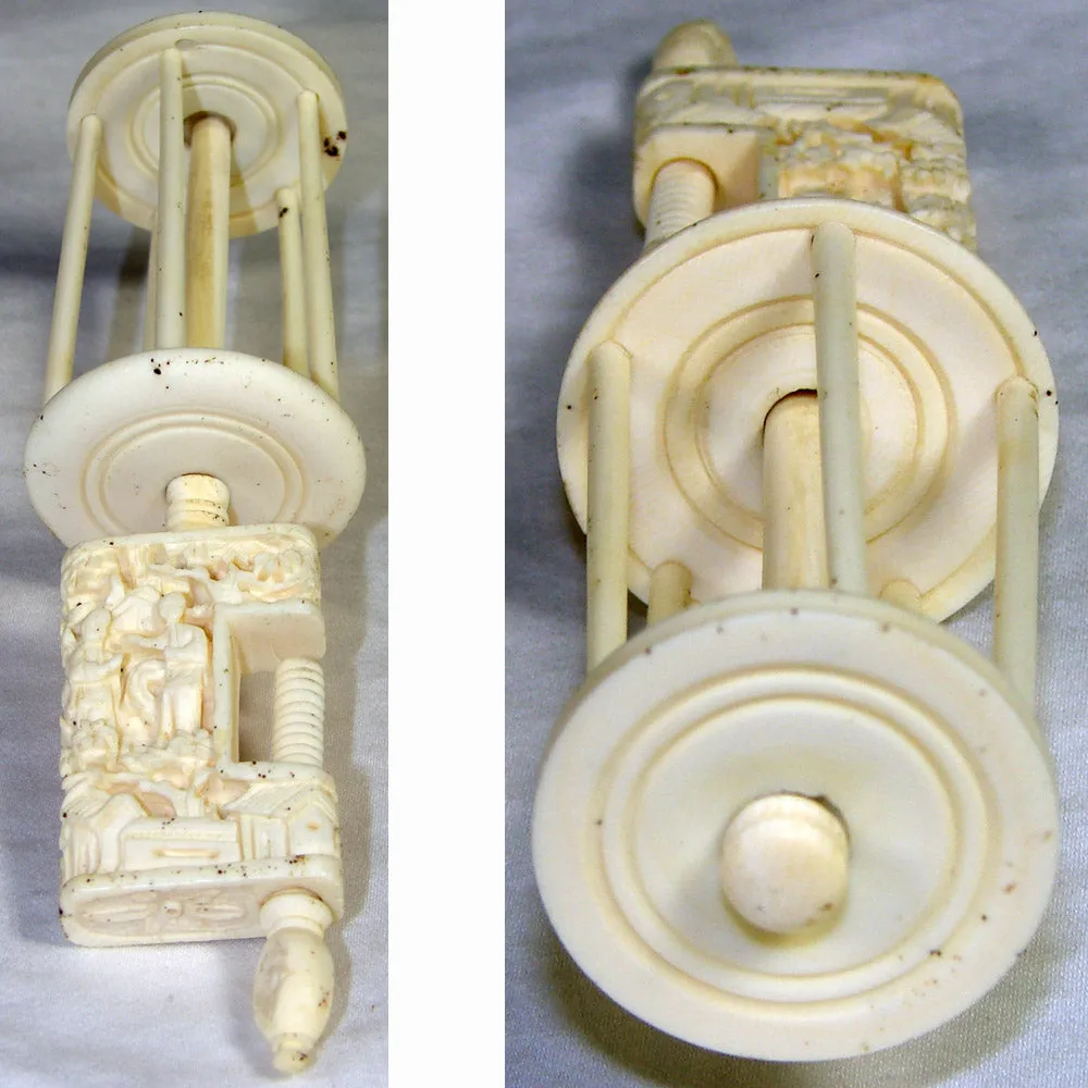 19th c. Hand Carved Figural Antique Cantonese Figural 5" Sewing Clamp w Large Thread Spool
