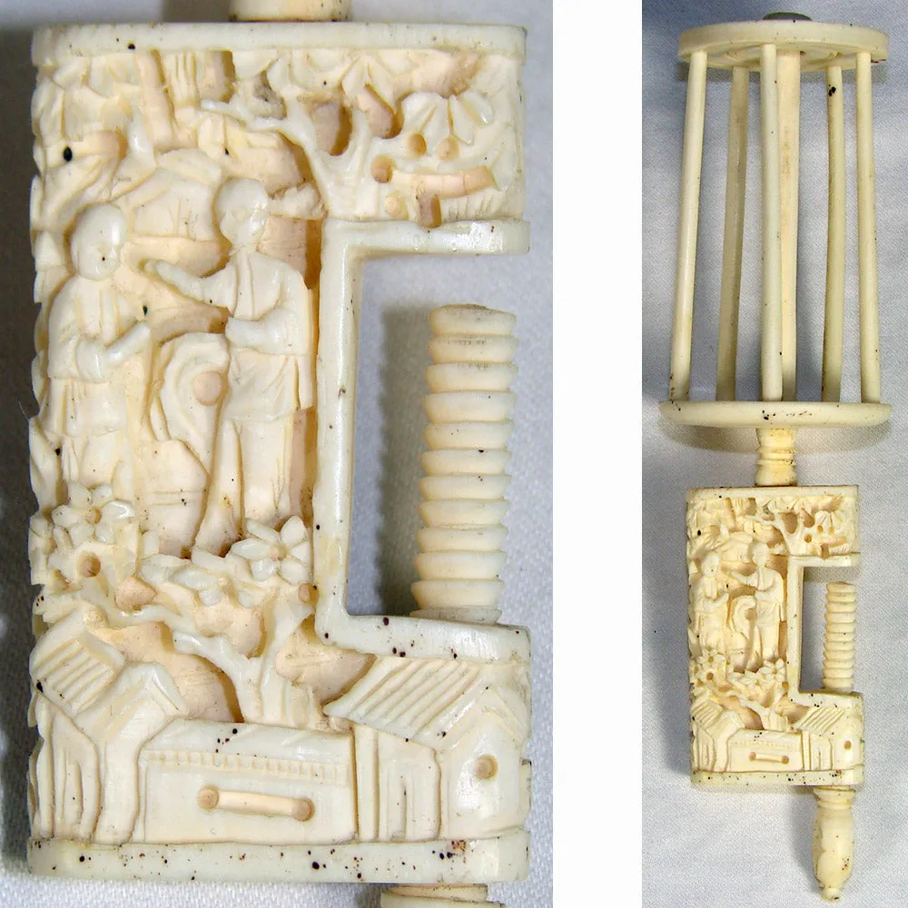 19th c. Hand Carved Figural Antique Cantonese Figural 5" Sewing Clamp w Large Thread Spool
