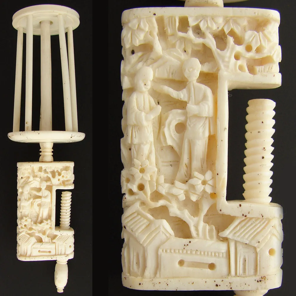 19th c. Hand Carved Figural Antique Cantonese Figural 5" Sewing Clamp w Large Thread Spool
