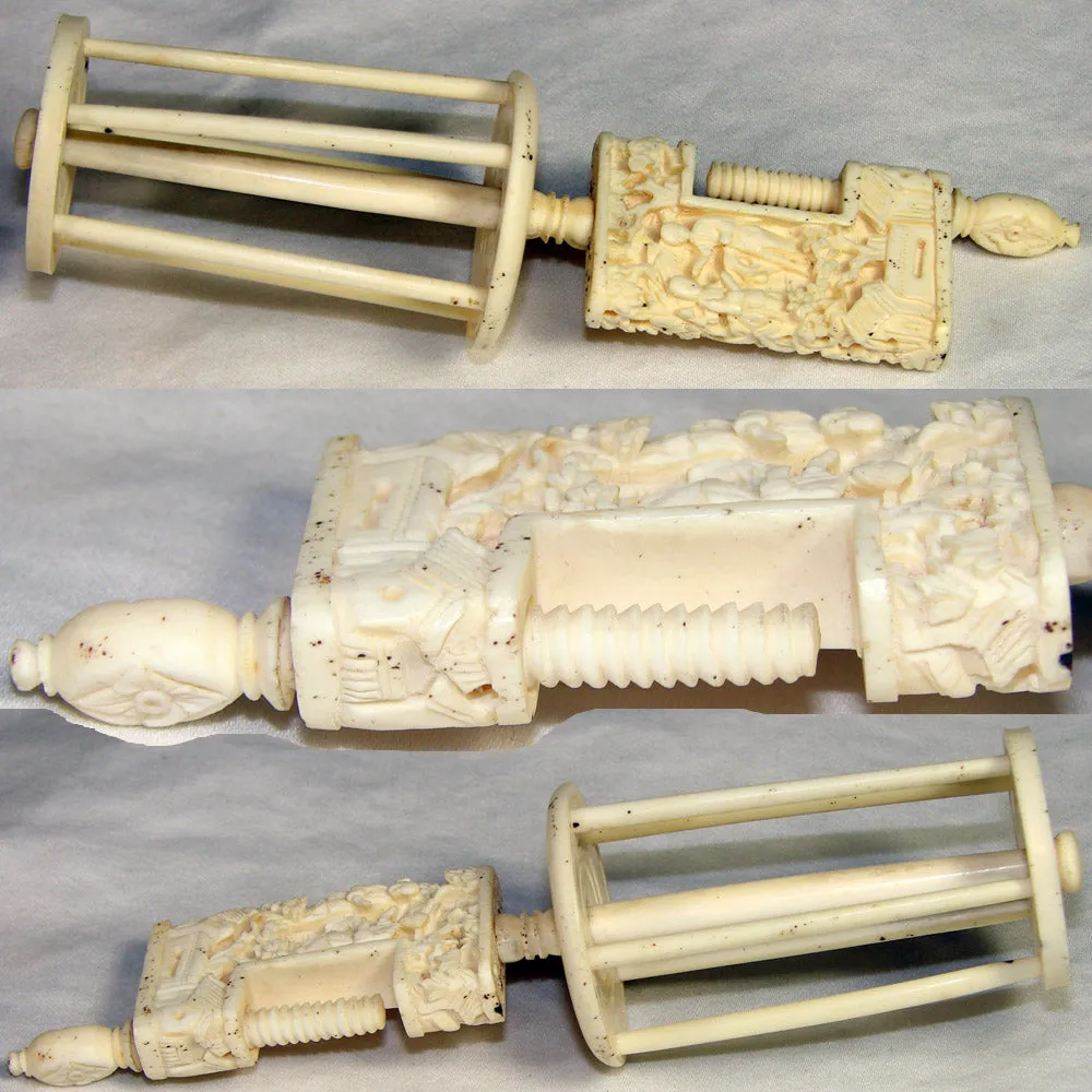 19th c. Hand Carved Figural Antique Cantonese Figural 5" Sewing Clamp w Large Thread Spool