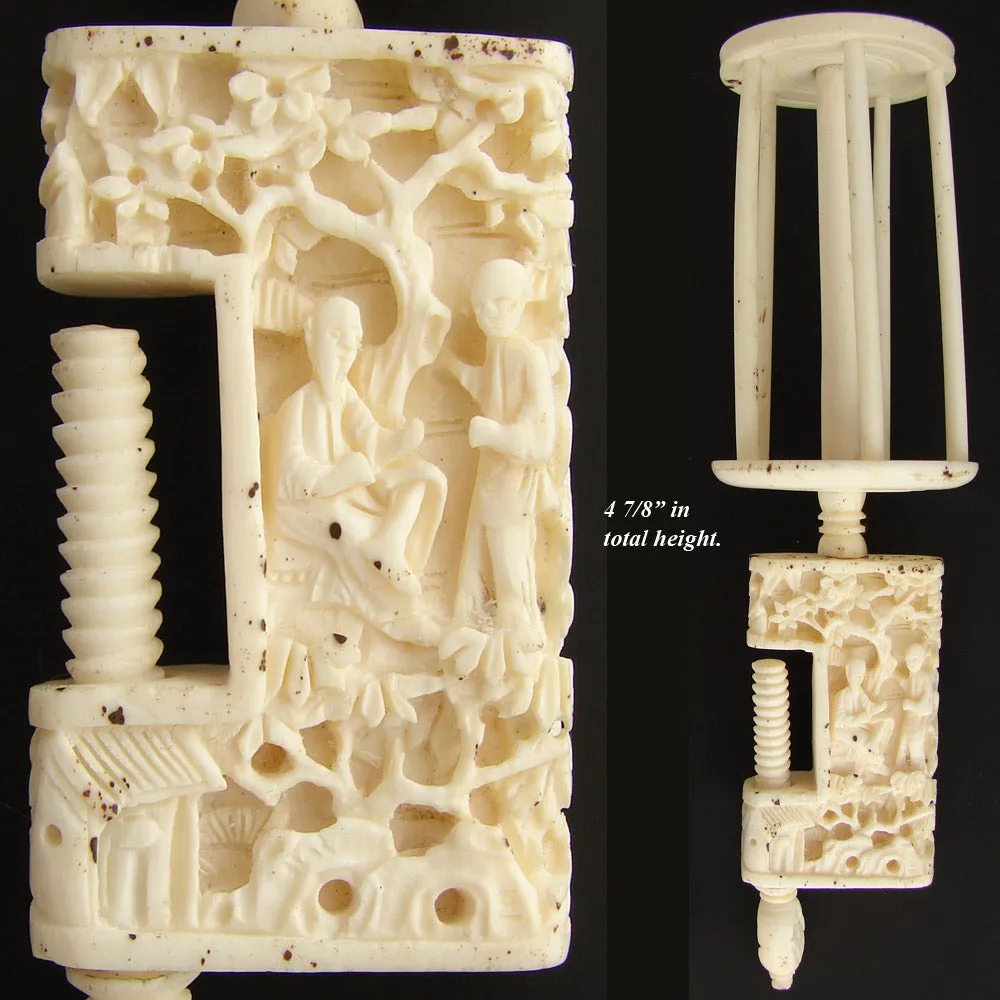 19th c. Hand Carved Figural Antique Cantonese Figural 5" Sewing Clamp w Large Thread Spool