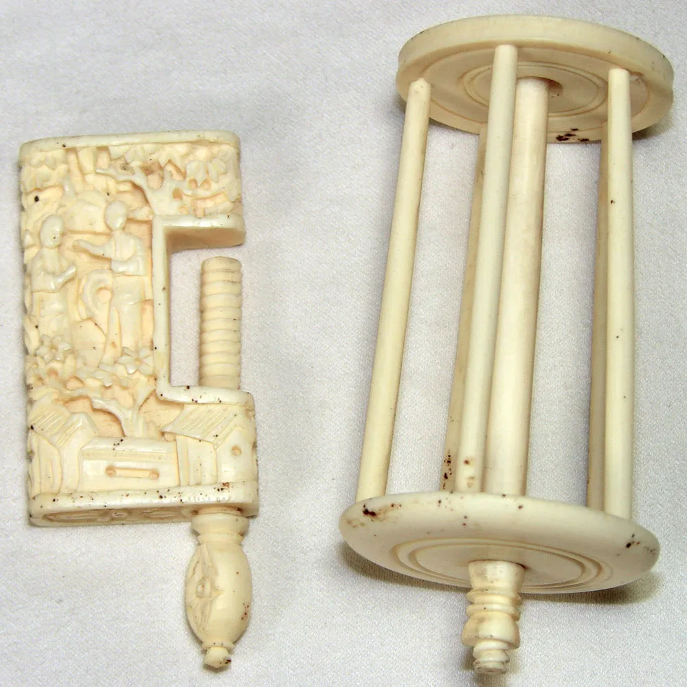 19th c. Hand Carved Figural Antique Cantonese Figural 5" Sewing Clamp w Large Thread Spool