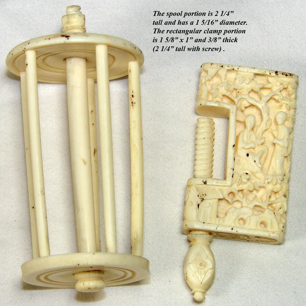 19th c. Hand Carved Figural Antique Cantonese Figural 5" Sewing Clamp w Large Thread Spool