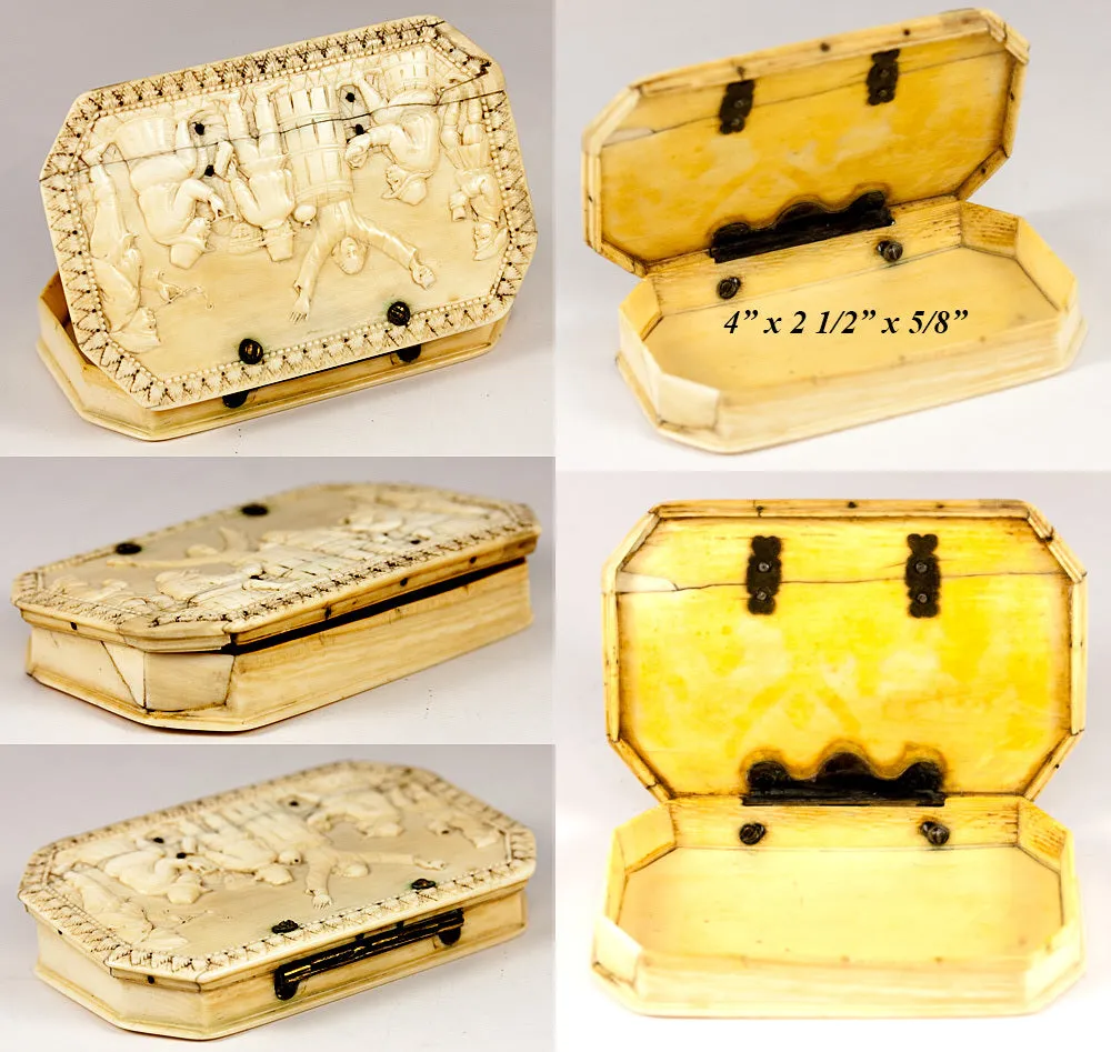 Antique Hand Carved Ivory Table Snuff Box, 7 People in Bas Relief, c. 17th to 18th Century