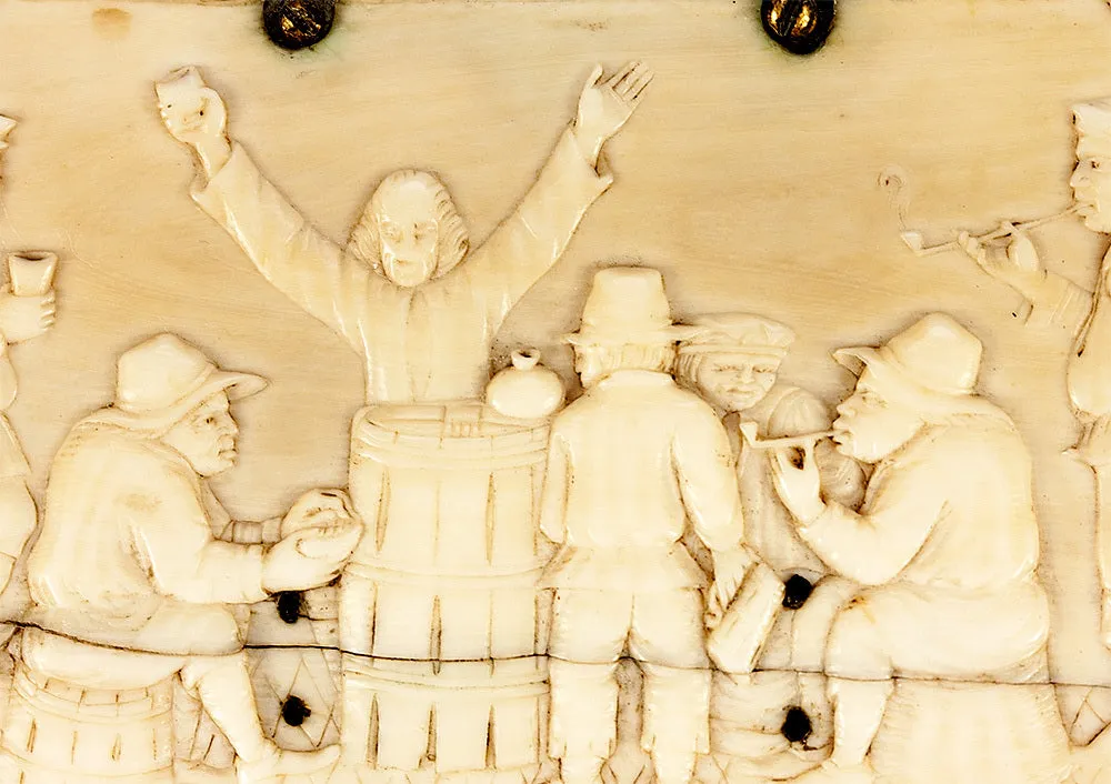 Antique Hand Carved Ivory Table Snuff Box, 7 People in Bas Relief, c. 17th to 18th Century