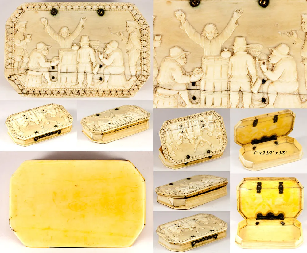 Antique Hand Carved Ivory Table Snuff Box, 7 People in Bas Relief, c. 17th to 18th Century