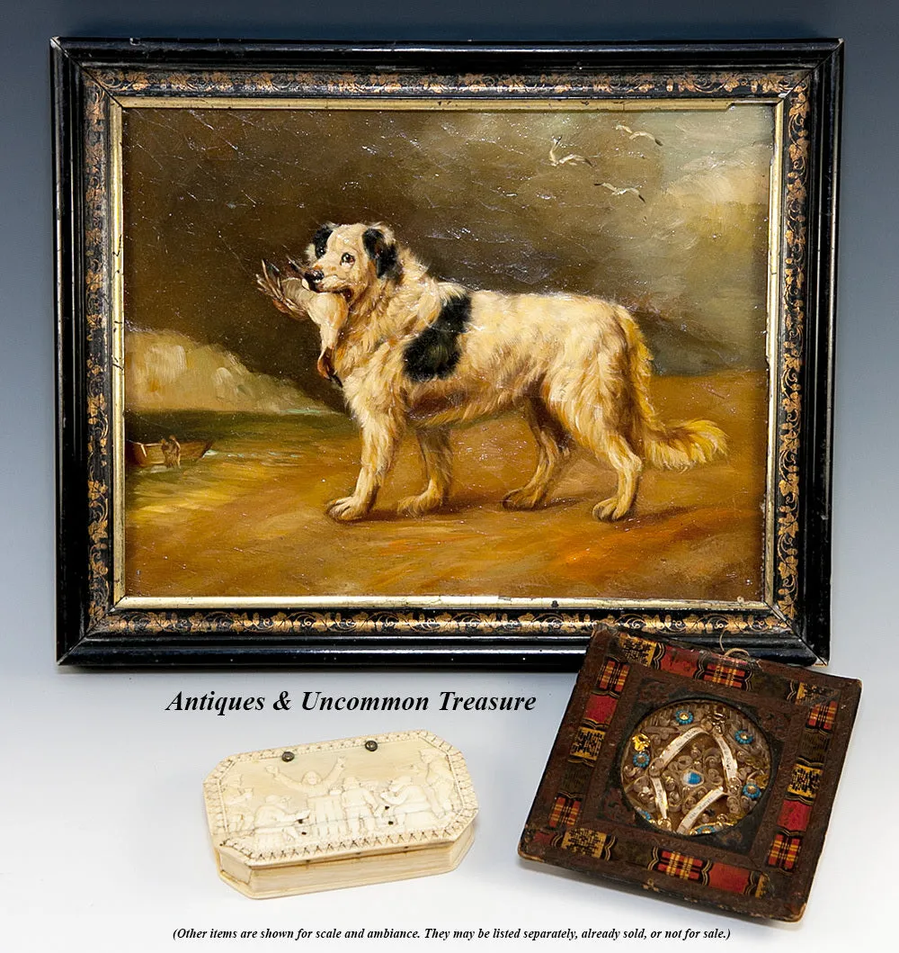Antique Hand Carved Ivory Table Snuff Box, 7 People in Bas Relief, c. 17th to 18th Century