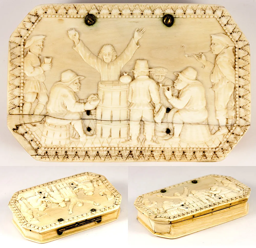 Antique Hand Carved Ivory Table Snuff Box, 7 People in Bas Relief, c. 17th to 18th Century
