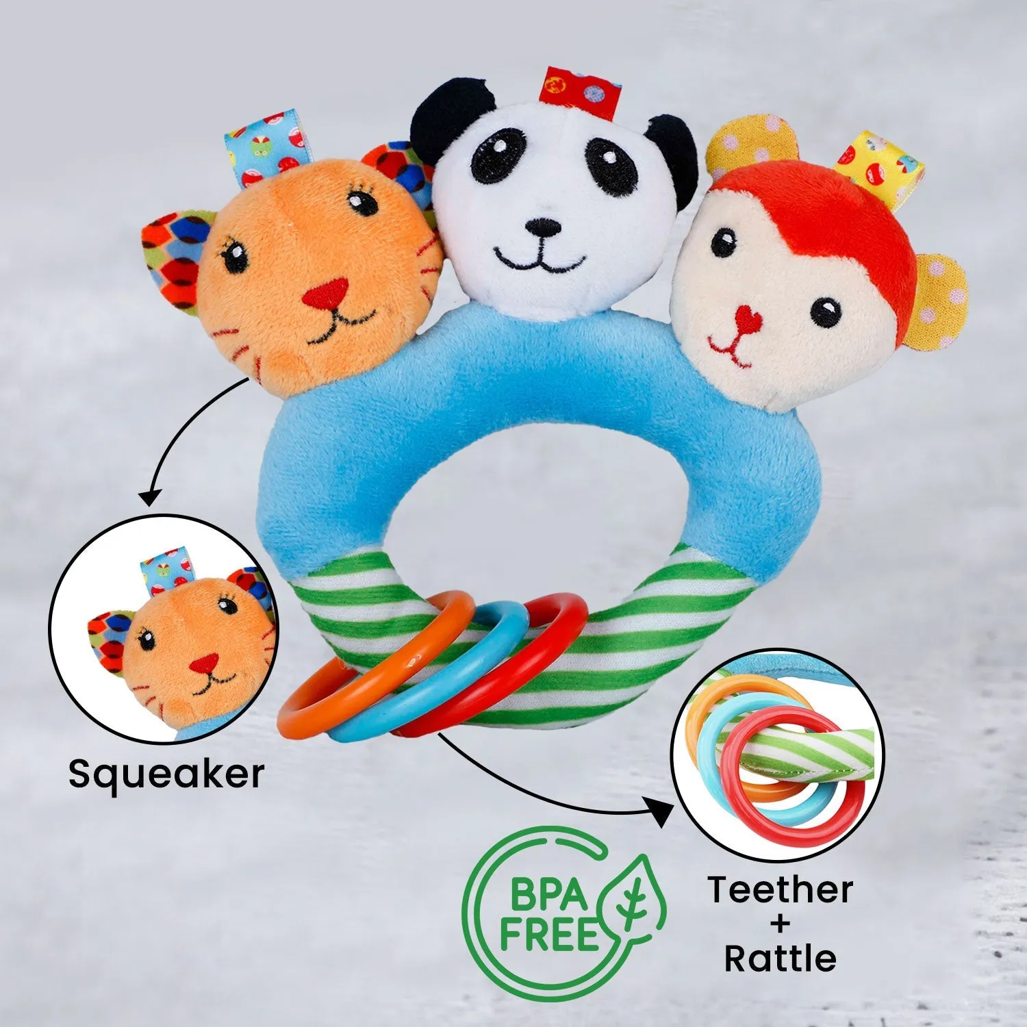 Baby Moo Forest Animals Squeaker Teething Ring Handheld Rattle - Blue