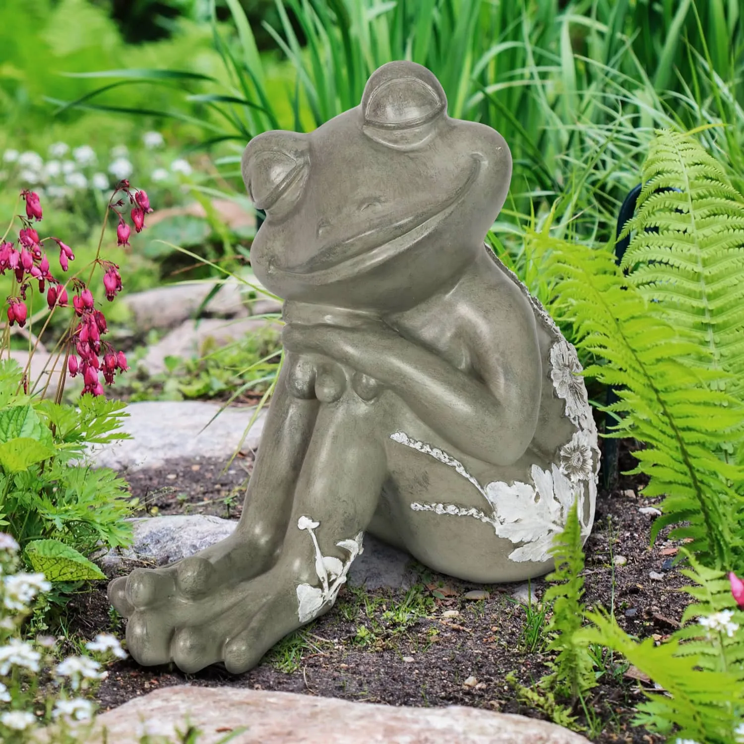 Dreamy Frog Statue with Flowers, 12 Inch