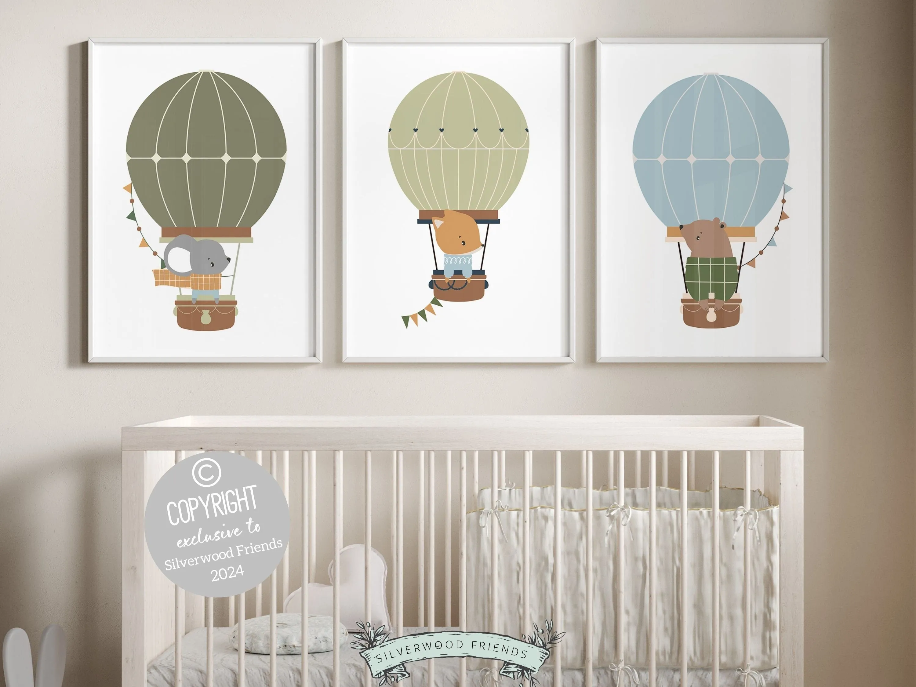 Green Woodland Animal Hot Air Balloon Prints