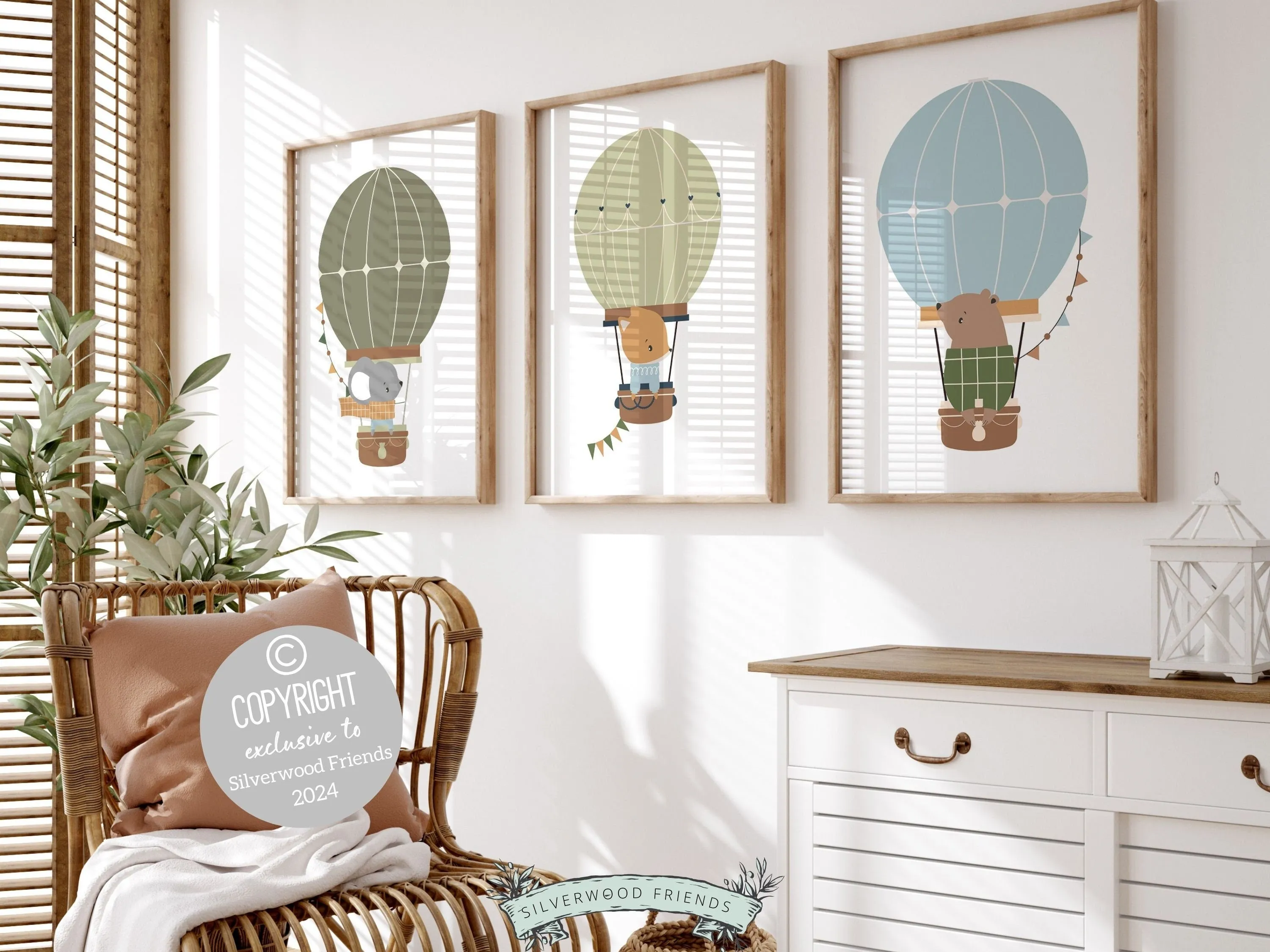 Green Woodland Animal Hot Air Balloon Prints