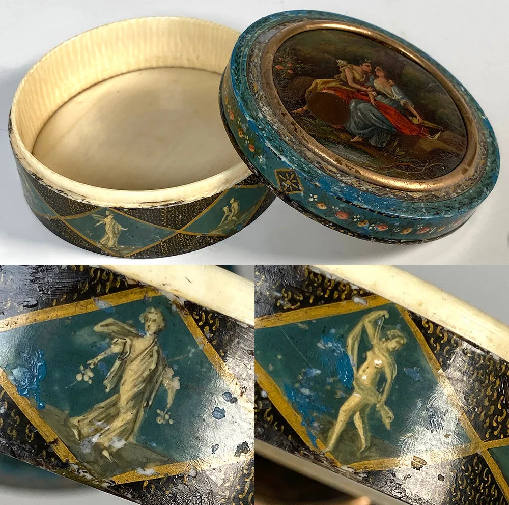 Rare Antique 1700s French Snuff Box, Vernis Martin Figural & Portrait Miniature Oil Painting, Ivory