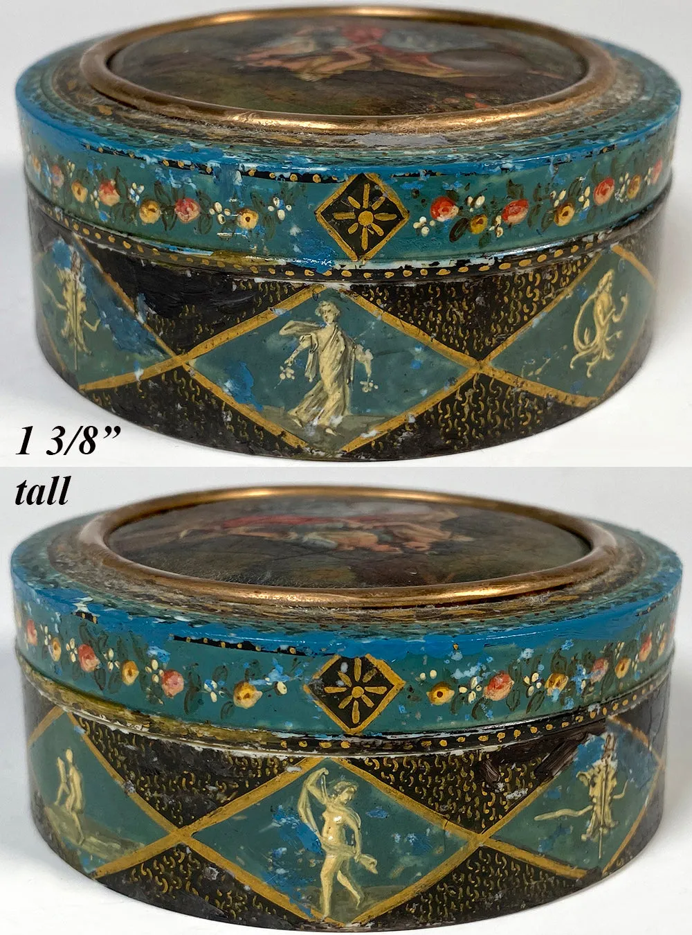 Rare Antique 1700s French Snuff Box, Vernis Martin Figural & Portrait Miniature Oil Painting, Ivory