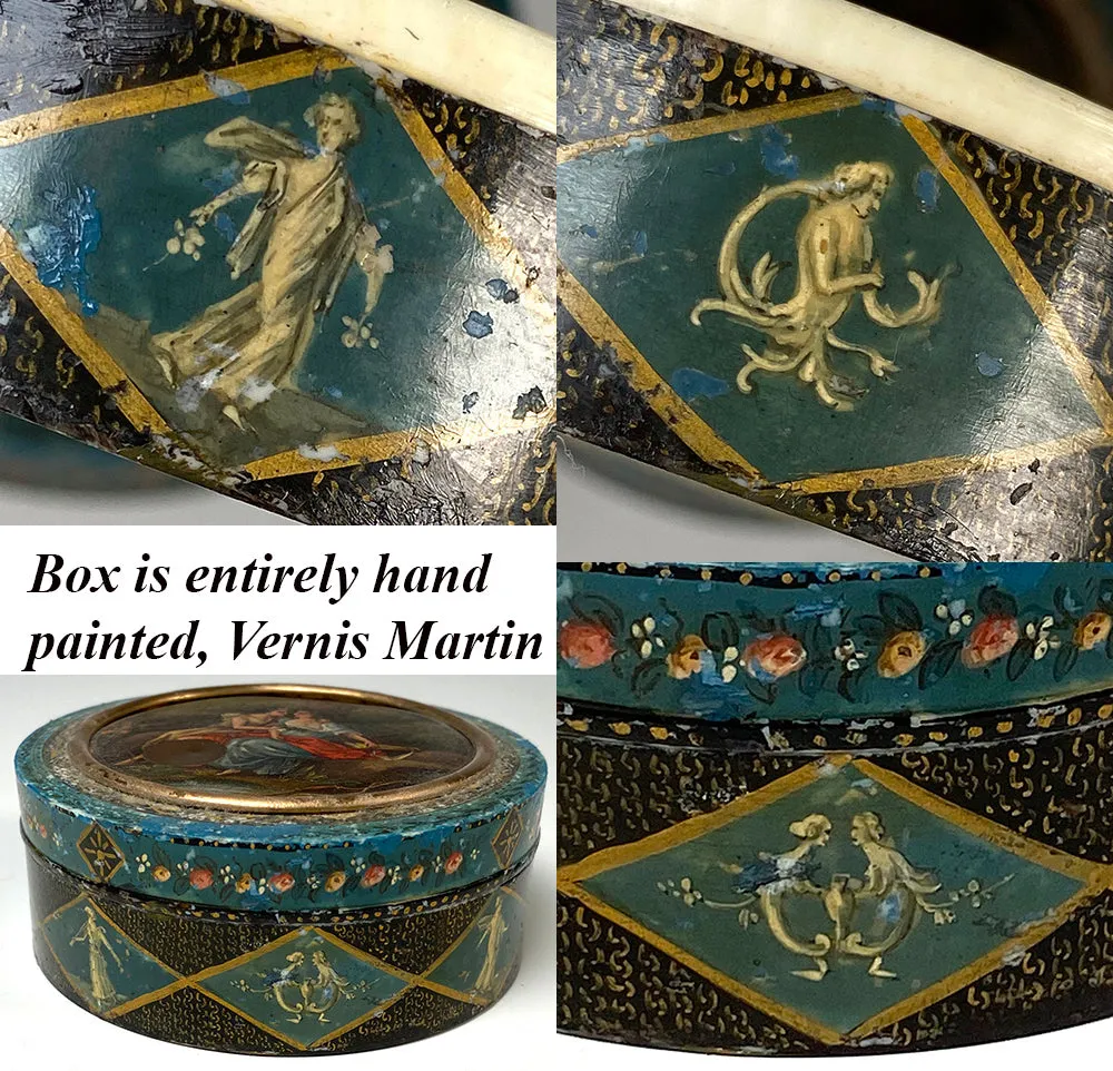 Rare Antique 1700s French Snuff Box, Vernis Martin Figural & Portrait Miniature Oil Painting, Ivory
