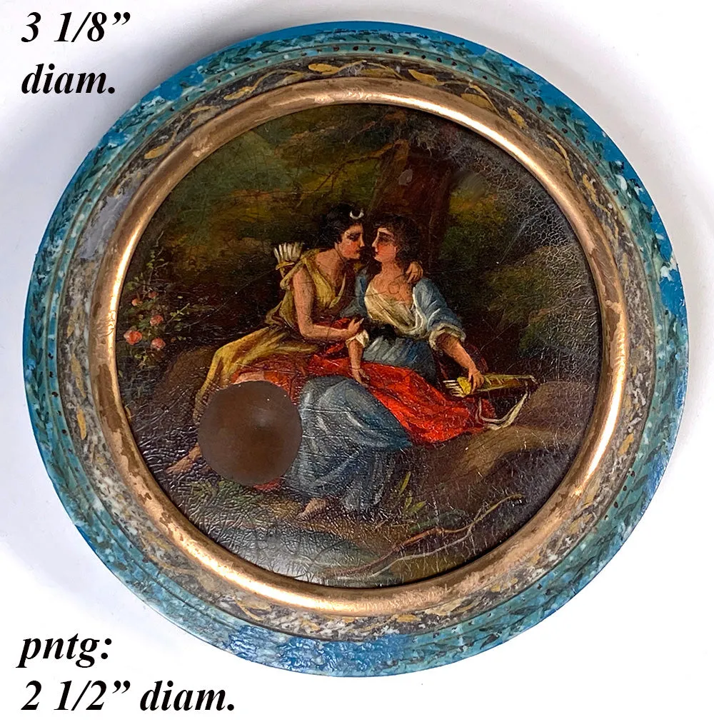 Rare Antique 1700s French Snuff Box, Vernis Martin Figural & Portrait Miniature Oil Painting, Ivory