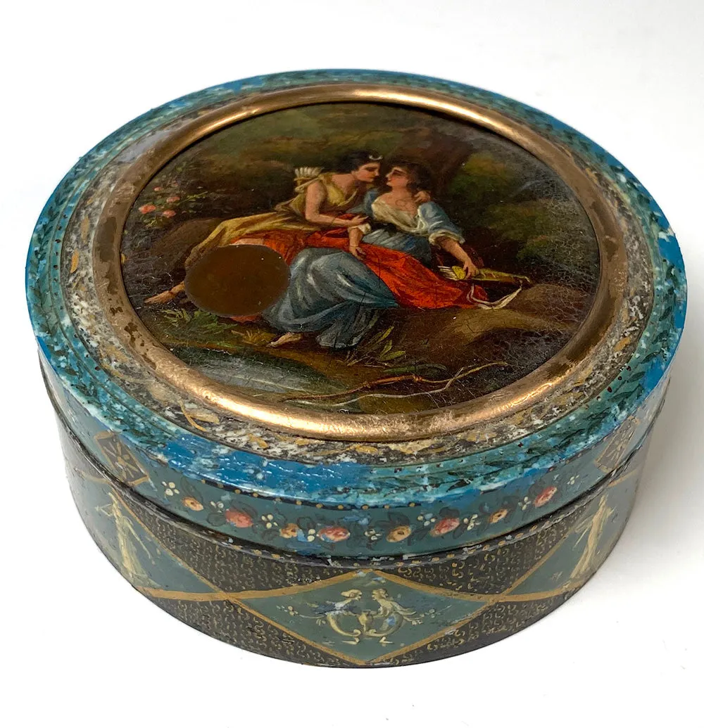 Rare Antique 1700s French Snuff Box, Vernis Martin Figural & Portrait Miniature Oil Painting, Ivory
