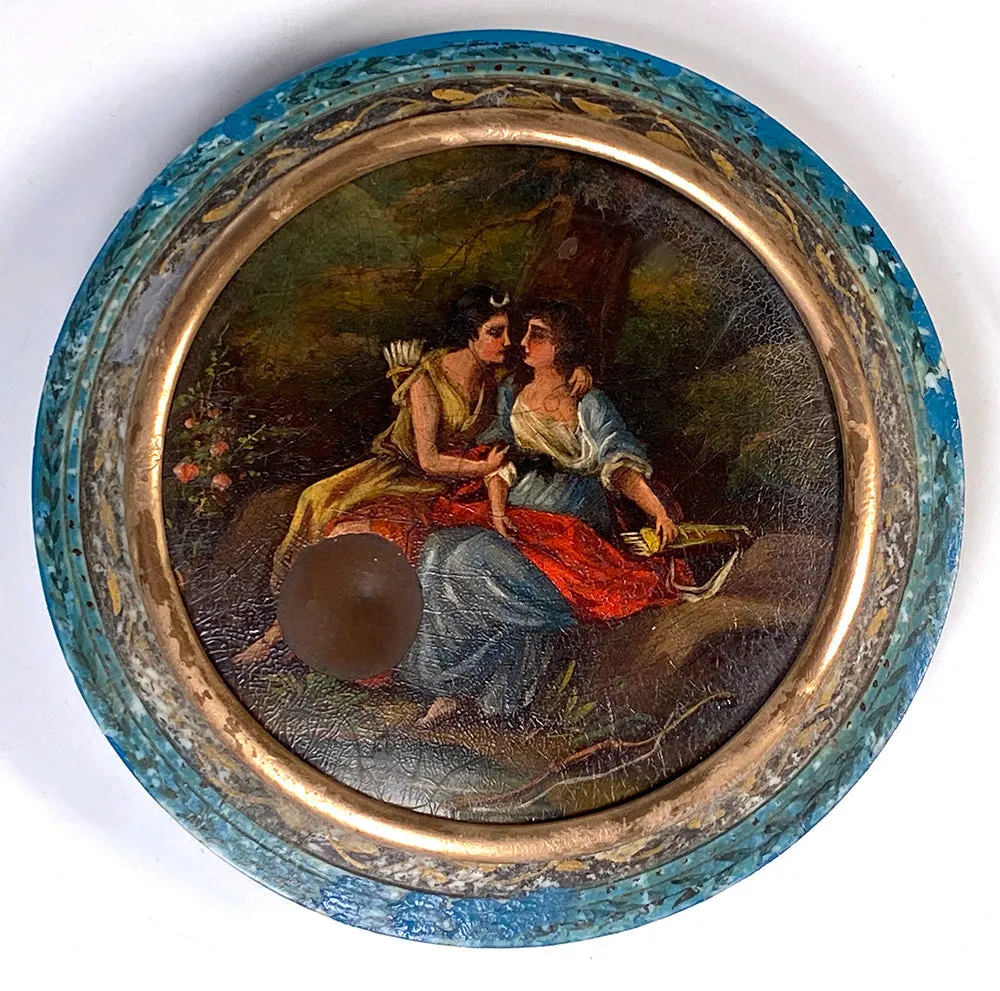 Rare Antique 1700s French Snuff Box, Vernis Martin Figural & Portrait Miniature Oil Painting, Ivory