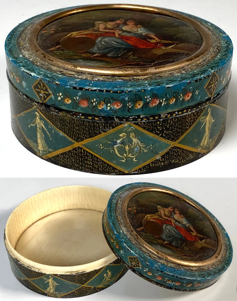 Rare Antique 1700s French Snuff Box, Vernis Martin Figural & Portrait Miniature Oil Painting, Ivory