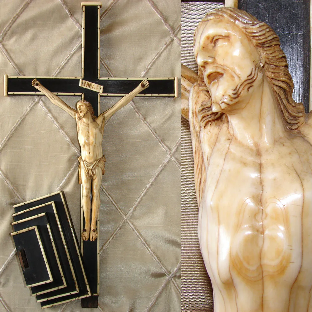 Rare Antique Dieppe Carved 8 5/8" Ivory Christ Figure, Jesus Sculpture, Altar Style 20.5" Cross on Stand