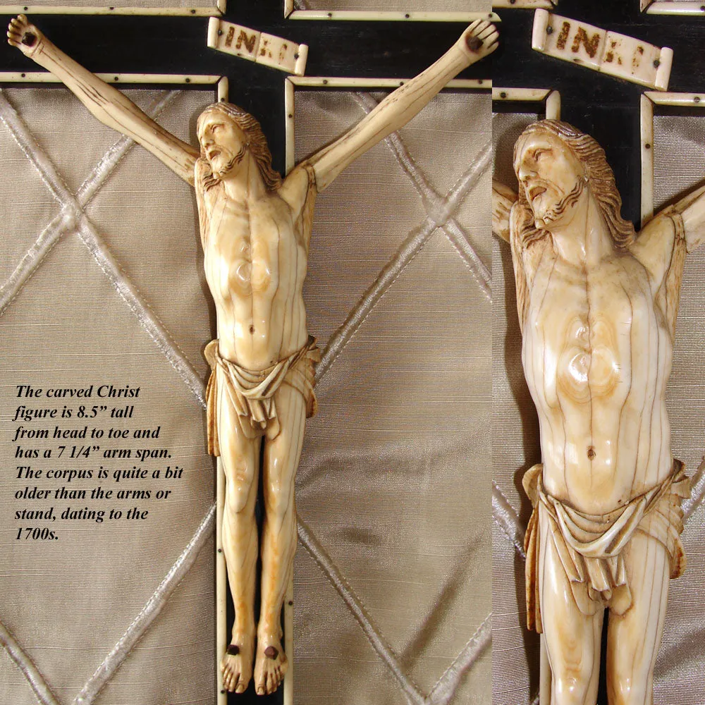 Rare Antique Dieppe Carved 8 5/8" Ivory Christ Figure, Jesus Sculpture, Altar Style 20.5" Cross on Stand